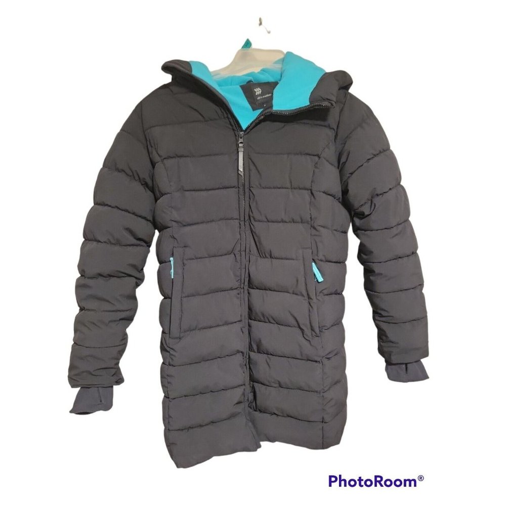 All In Motion Girls Mid-Length Puffer Jacket Winter Coat Black/teal sz X large